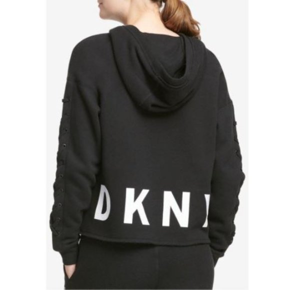 DKNY Sport Logo Lace-Up Sleeve Hoodie Black S NWT!
